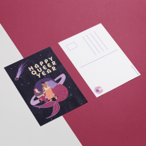 Carte de vœux Happy Queer Year représentant 3 adelphes sur les anneaux d'une planète. Iels rient ensemble, il y a une météorite dans et des étoiles