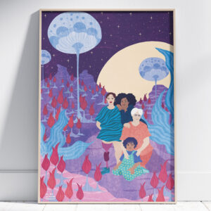 Affiche encadrée portait de famille humaine sur une planète extraterrestre