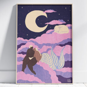 Un couple échange un moment de tendresse sous la lune, une chat dort dans les nuages en arrière plan