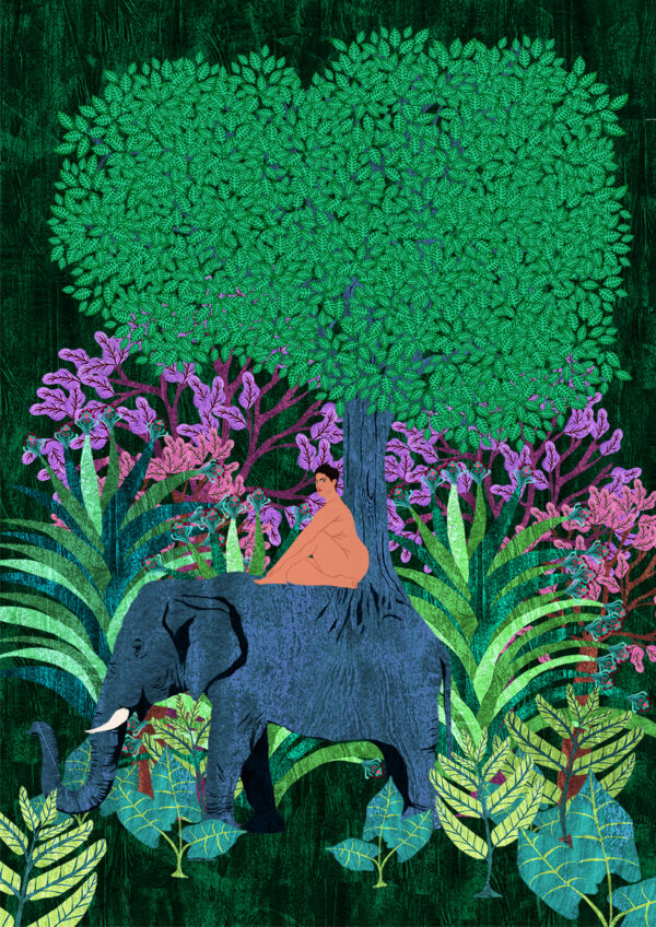 Illustration représentant un éléphant arbre dans une forêt sur lequel est assise une femme