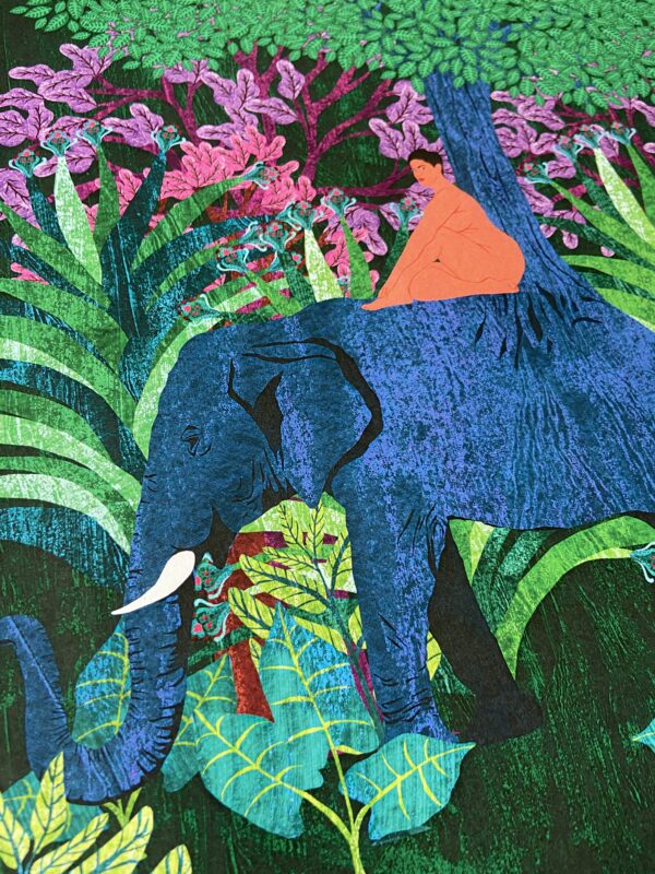 Illustration représentant un éléphant arbre dans une forêt sur lequel est assise une femme