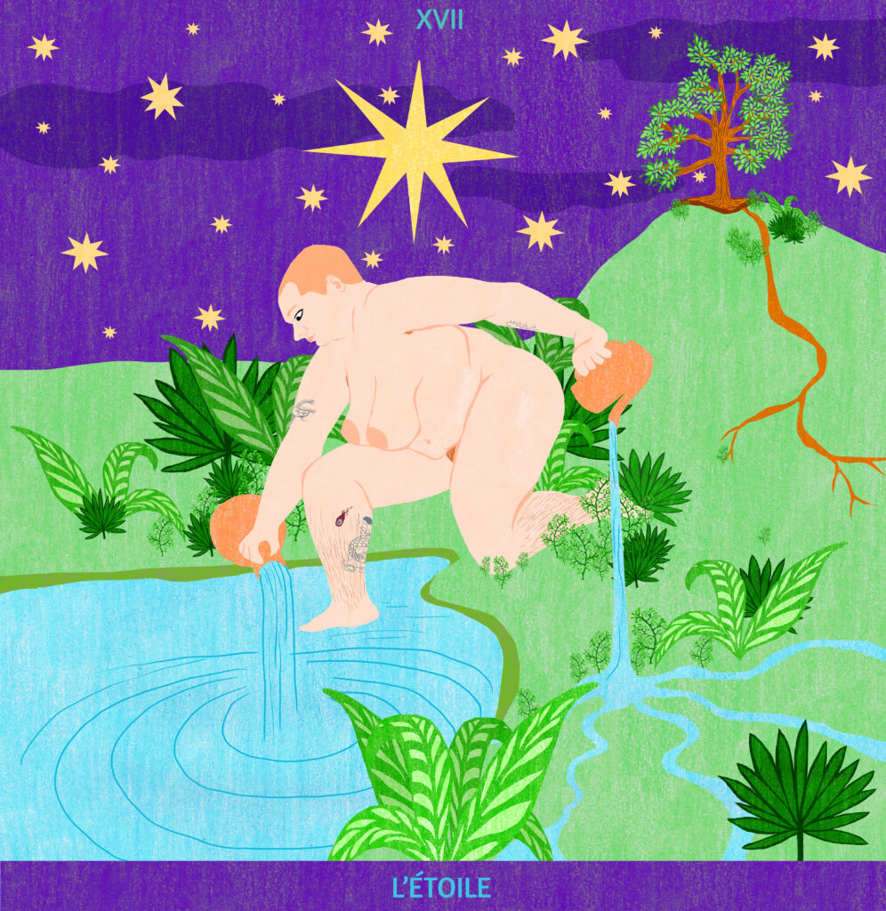 Illustration représentant une personne incarnant la carte de Tarot "l’Étoile"