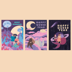 Carte de vœux Merry Queermas portait de famille humaine sur une planète extraterrestre Carte de vœux Happy queer Year représentant Un couple échange un moment de tendresse sous la lune, une chat dort dans les nuages en arrière plan Carte de vœux Happy Queer Year représentant 3 adelphes sur les anneaux d'une planète. Iels rient ensemble, il y a une météorite dans et des étoiles