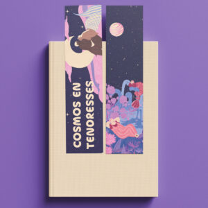 Deux marques page posés sur un livre, l'un représentant deux personnes dont une sirène se reposent et se détendent dans un paysage végétal, avec une planète extraterrestre et des étoiles visibles dans le ciel, l'autre représentant Un couple échange un moment de tendresse sous la lune, une chat dort dans les nuages en arrière plan