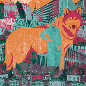 Illustration représentant une femme avec une louve géante dans un décor de ville