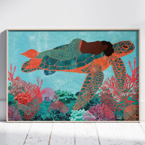 Affiche encadrée représentant une femme, sirène sur le dos d'une tortue de mer géante