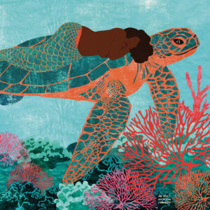 Illustration représentant une femme, sirène sur le dos d'une tortue de mer géante