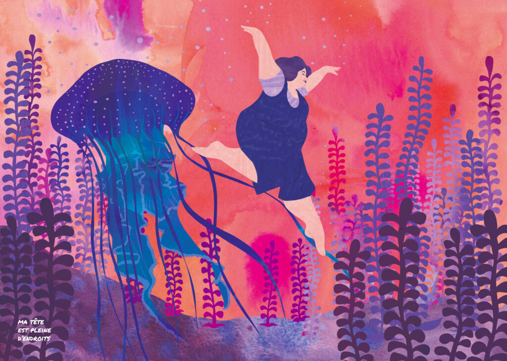Affiche illustrée représentant une femme grosse qui danse au fond de l'océan avec une méduse. Cette image visibilise la joie des gros gros et queer. illustration féministe, collage numérique