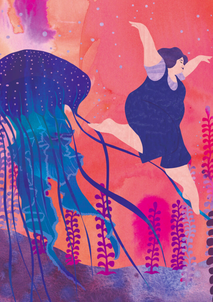 Affiche illustrée représentant une femme grosse qui danse au fond de l'océan avec une méduse. Cette image visibilise la joie des gros gros et queer. illustration féministe, collage numérique